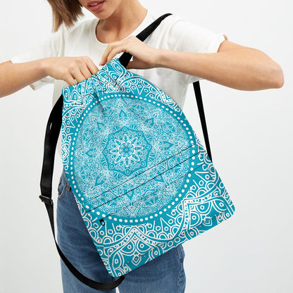 Teal And White Mandala Print Drawstring Backpack