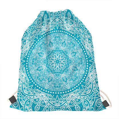 Teal And White Mandala Print Drawstring Bag