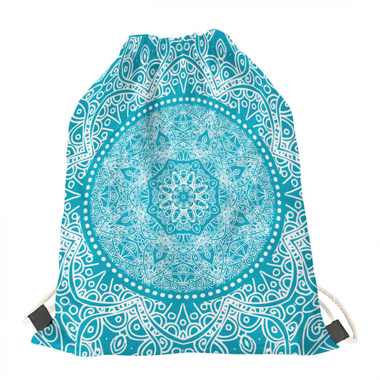 Teal And White Mandala Print Drawstring Bag