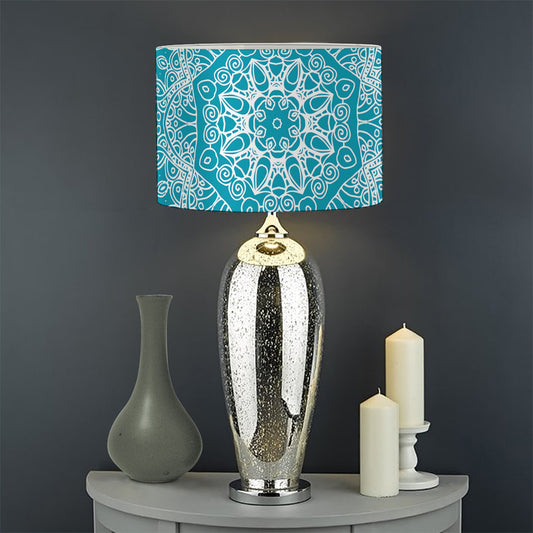 Teal And White Mandala Print Drum Lamp Shade