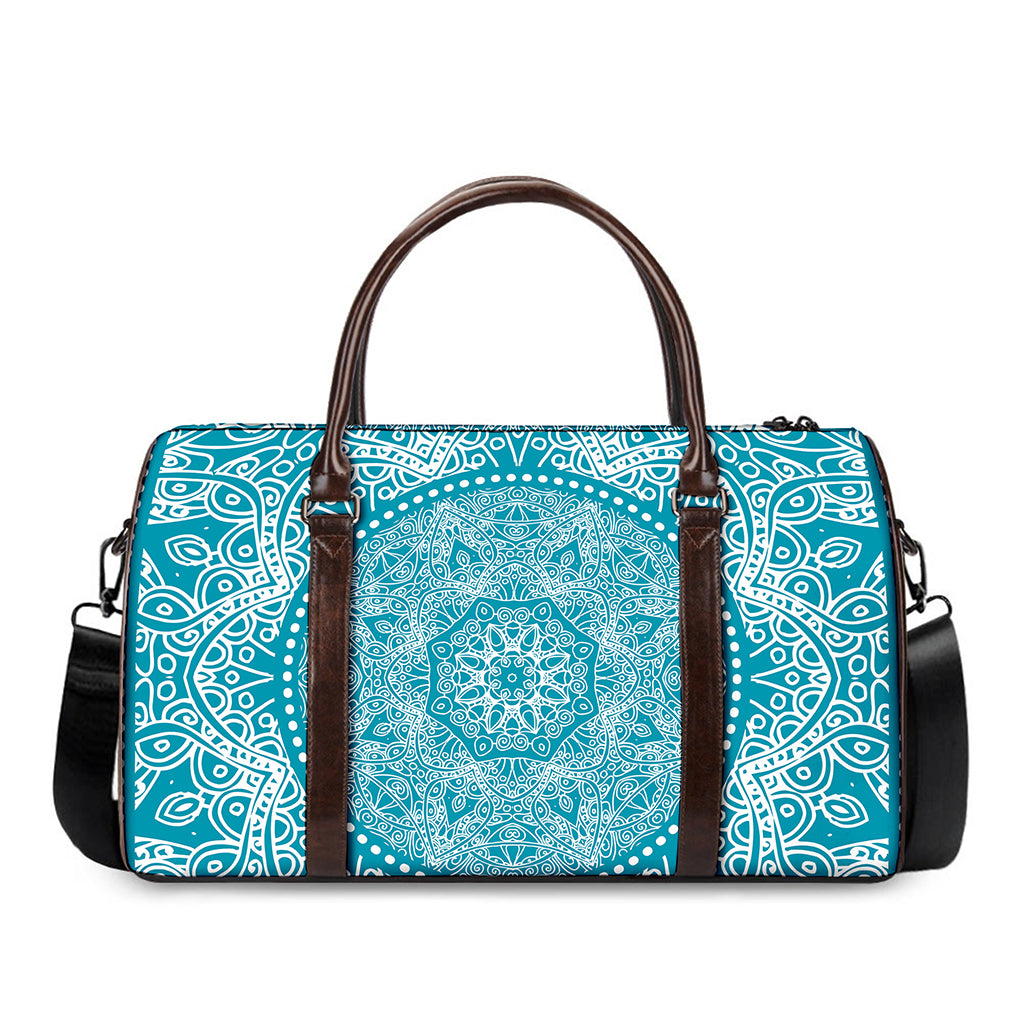 Teal And White Mandala Print Duffle Bag