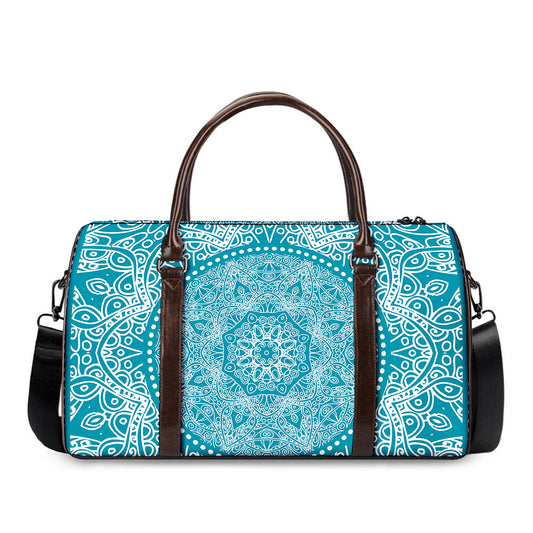 Teal And White Mandala Print Duffle Bag