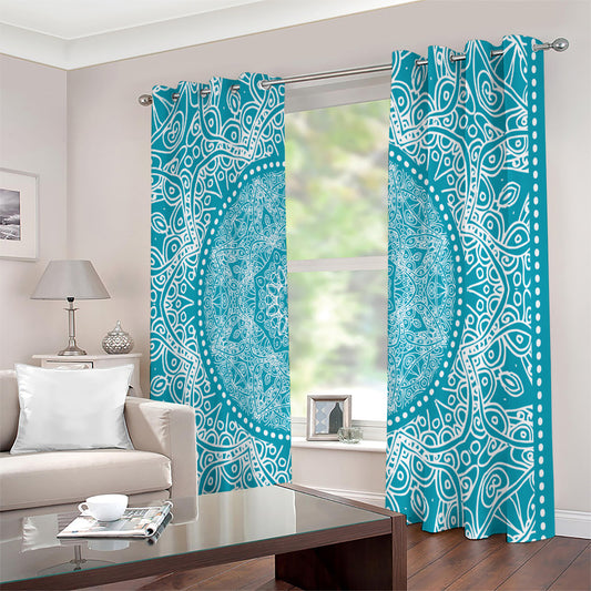 Teal And White Mandala Print Extra Wide Grommet Curtains
