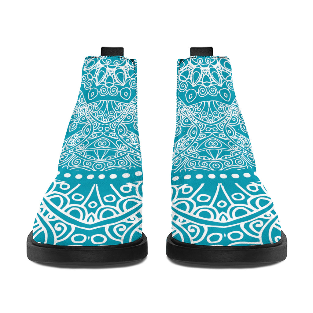 Teal And White Mandala Print Flat Ankle Boots