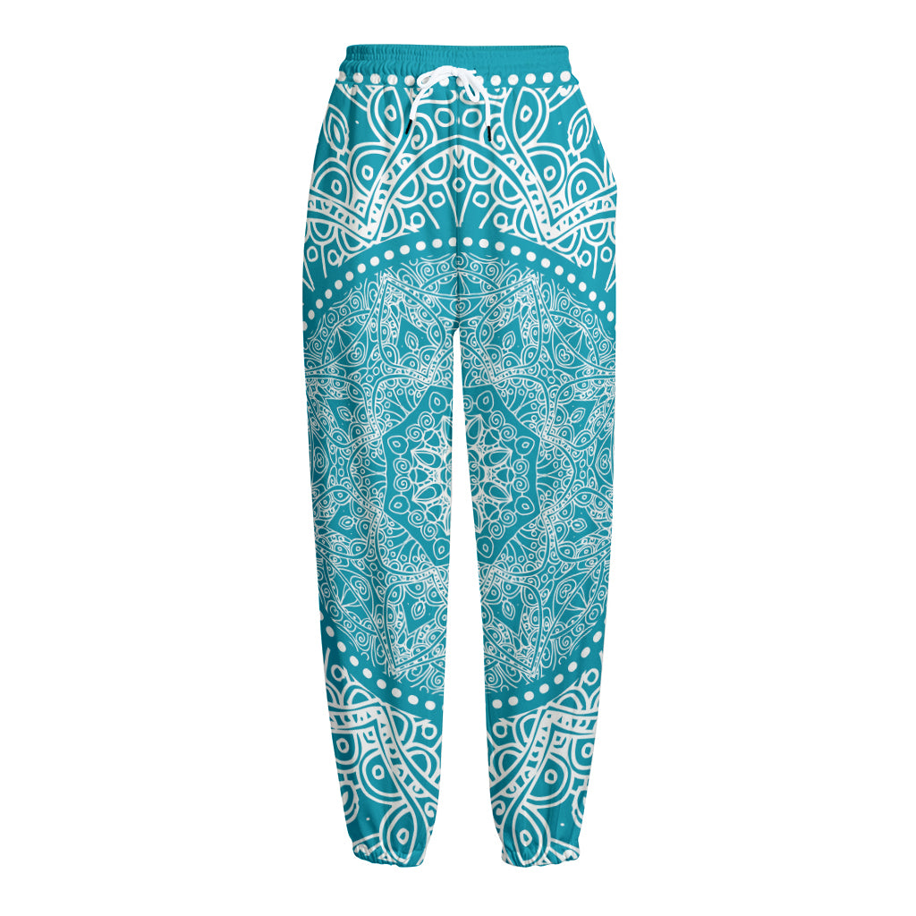 Teal And White Mandala Print Fleece Lined Knit Pants