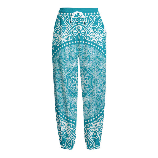 Teal And White Mandala Print Fleece Lined Knit Pants