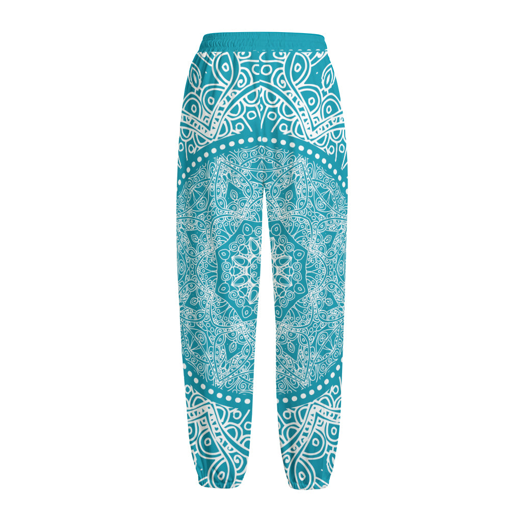 Teal And White Mandala Print Fleece Lined Knit Pants