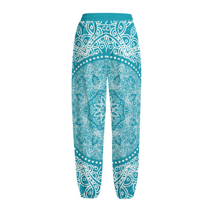 Teal And White Mandala Print Fleece Lined Knit Pants