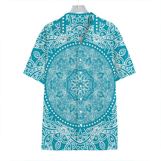 Teal And White Mandala Print Hawaiian Shirt