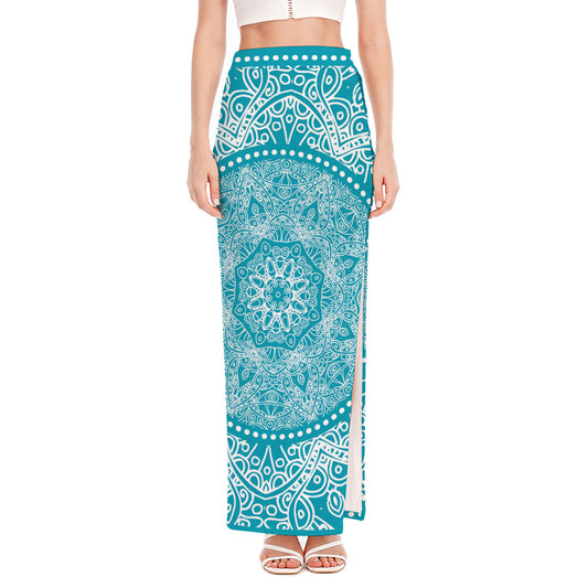 Teal And White Mandala Print High Slit Maxi Skirt