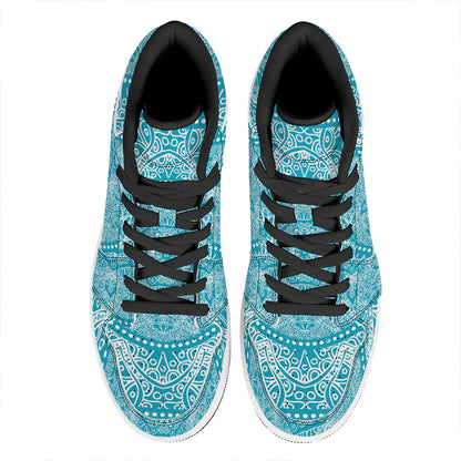 Teal And White Mandala Print High Top Leather Sneakers