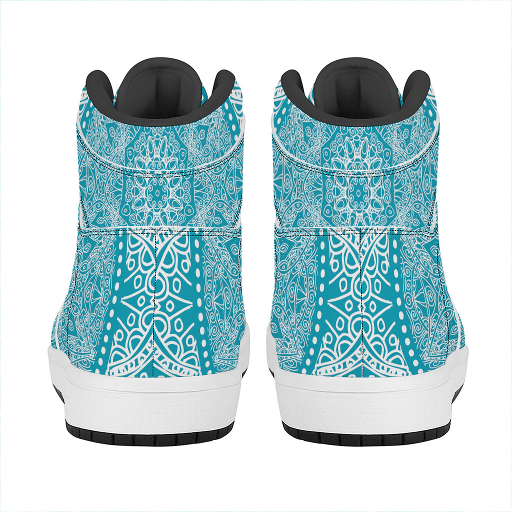 Teal And White Mandala Print High Top Leather Sneakers