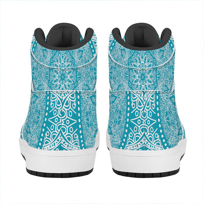 Teal And White Mandala Print High Top Leather Sneakers