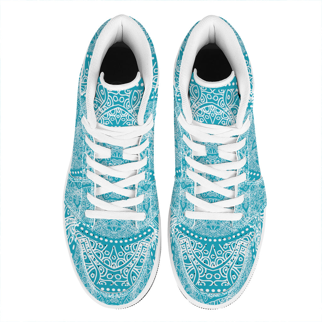 Teal And White Mandala Print High Top Leather Sneakers