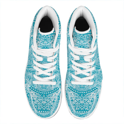 Teal And White Mandala Print High Top Leather Sneakers