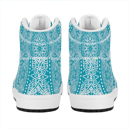Teal And White Mandala Print High Top Leather Sneakers