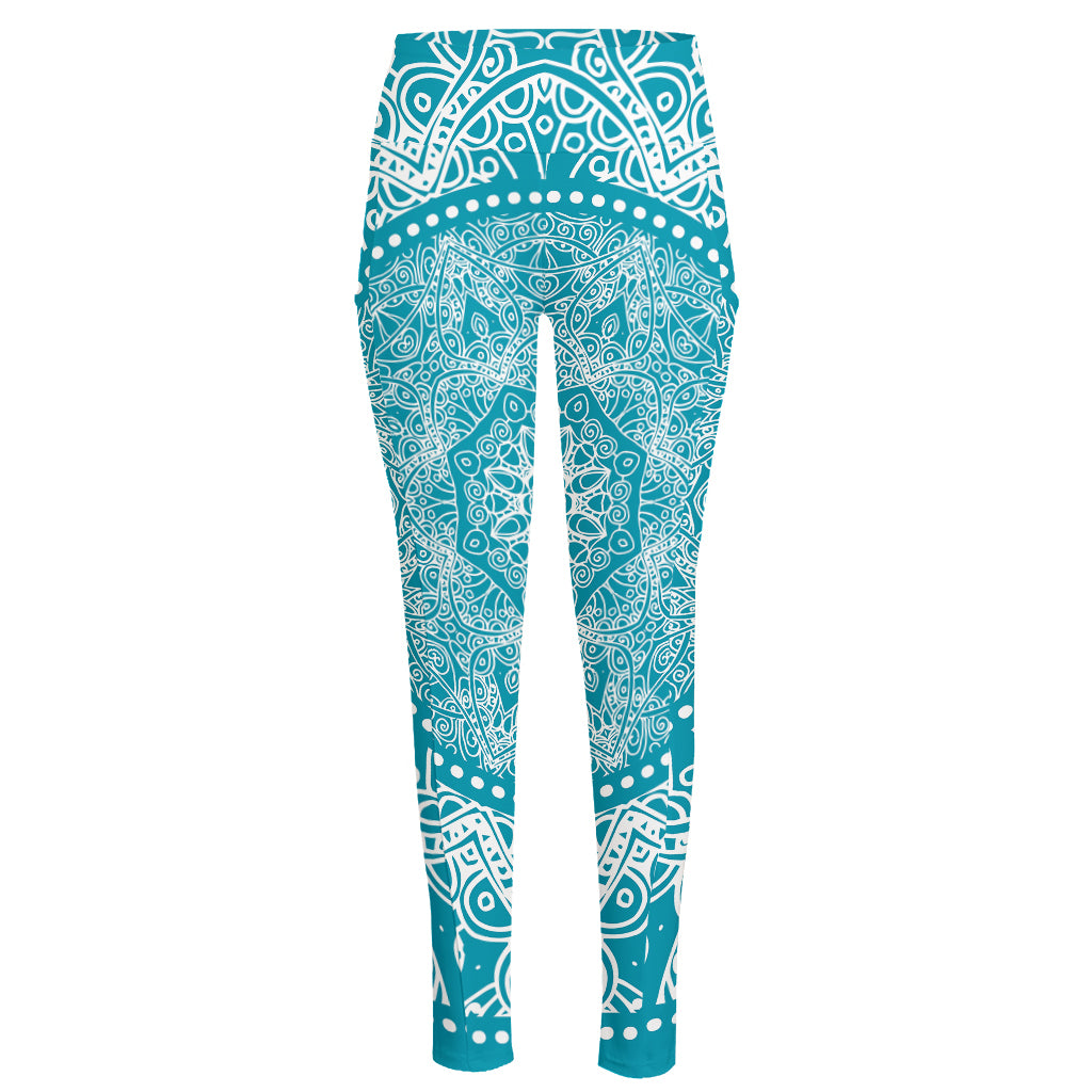 Teal And White Mandala Print High-Waisted Pocket Leggings