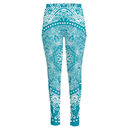Teal And White Mandala Print High-Waisted Pocket Leggings
