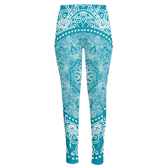 Teal And White Mandala Print High-Waisted Pocket Leggings