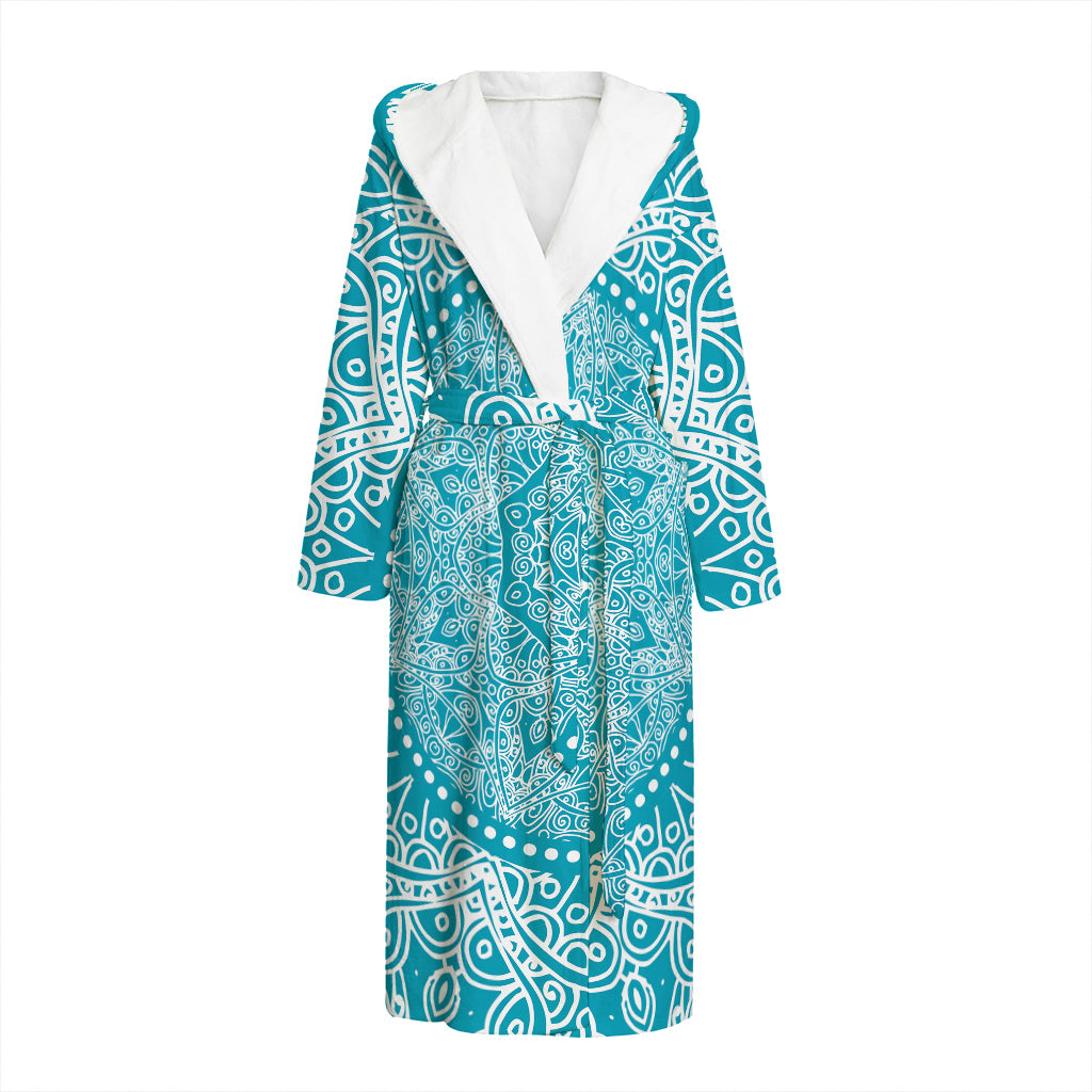 Teal And White Mandala Print Hooded Bathrobe