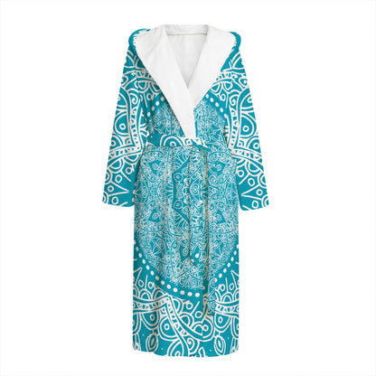 Teal And White Mandala Print Hooded Bathrobe