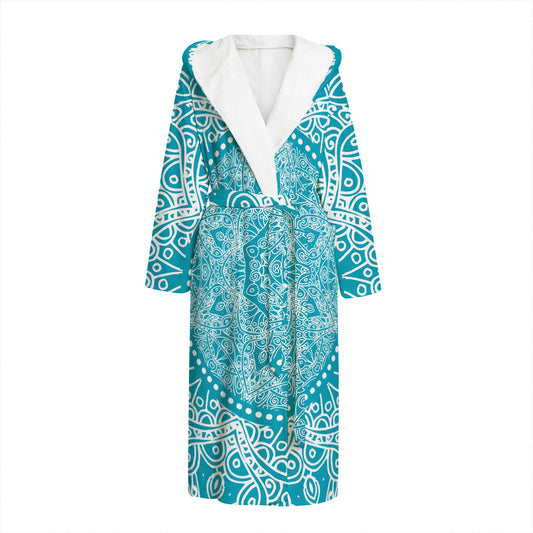 Teal And White Mandala Print Hooded Bathrobe
