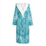 Teal And White Mandala Print Hooded Bathrobe