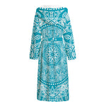 Teal And White Mandala Print Hooded Bathrobe