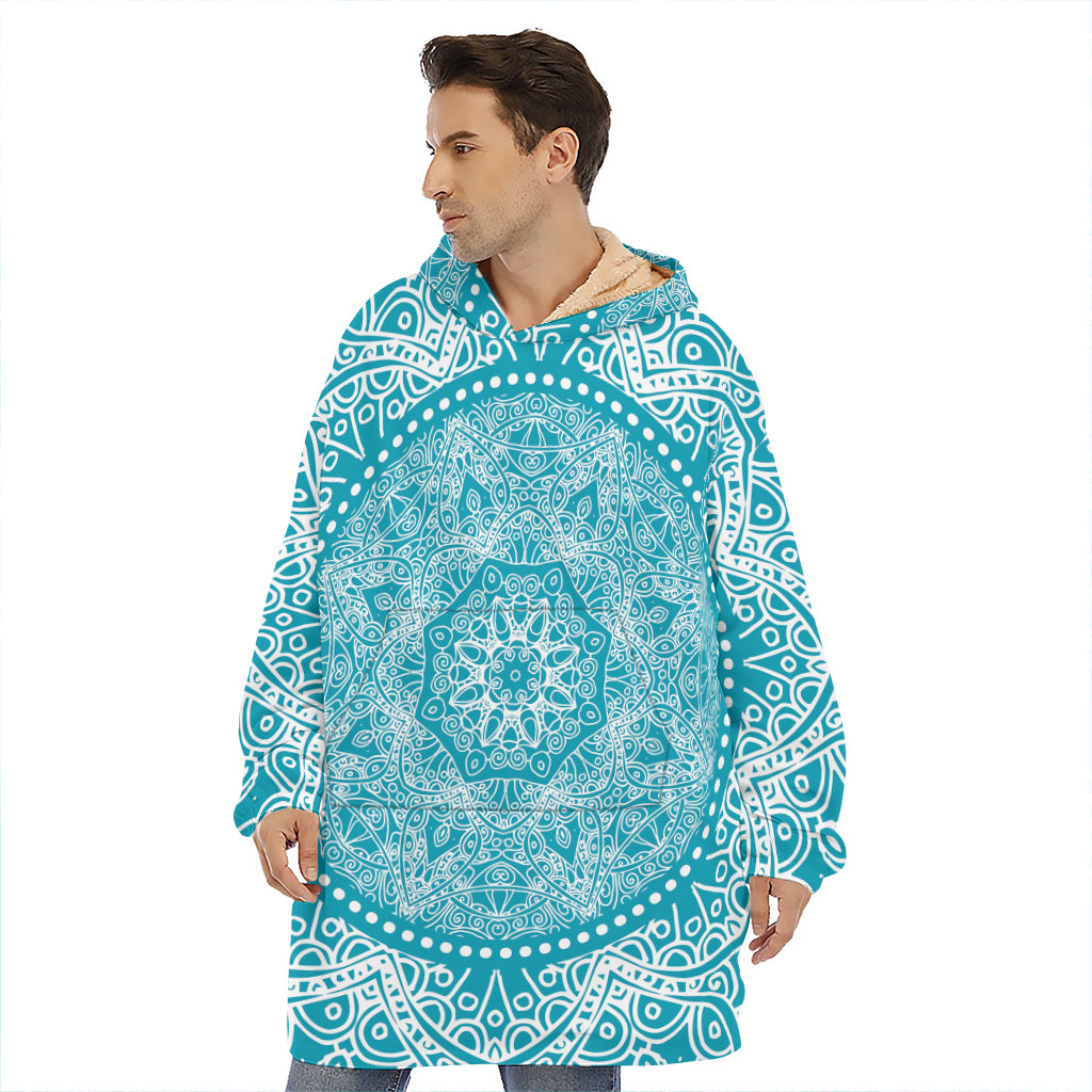 Teal And White Mandala Print Hoodie Blanket