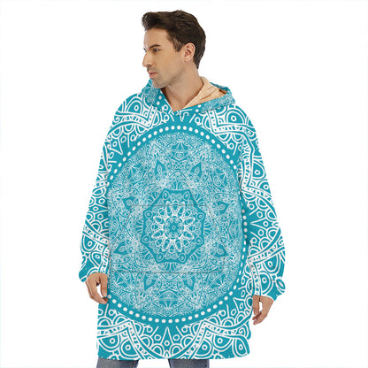 Teal And White Mandala Print Hoodie Blanket