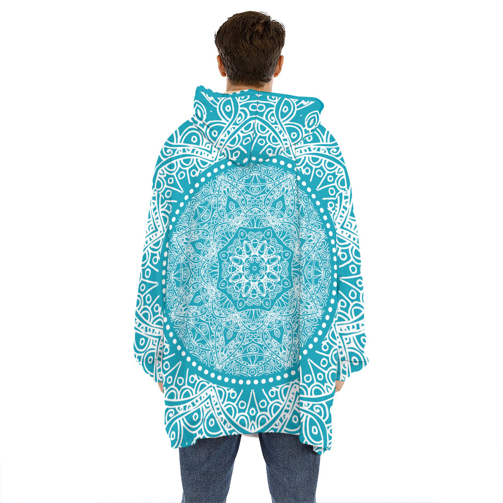 Teal And White Mandala Print Hoodie Blanket
