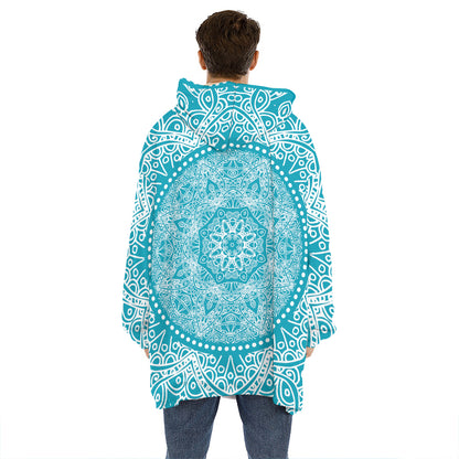 Teal And White Mandala Print Hoodie Blanket