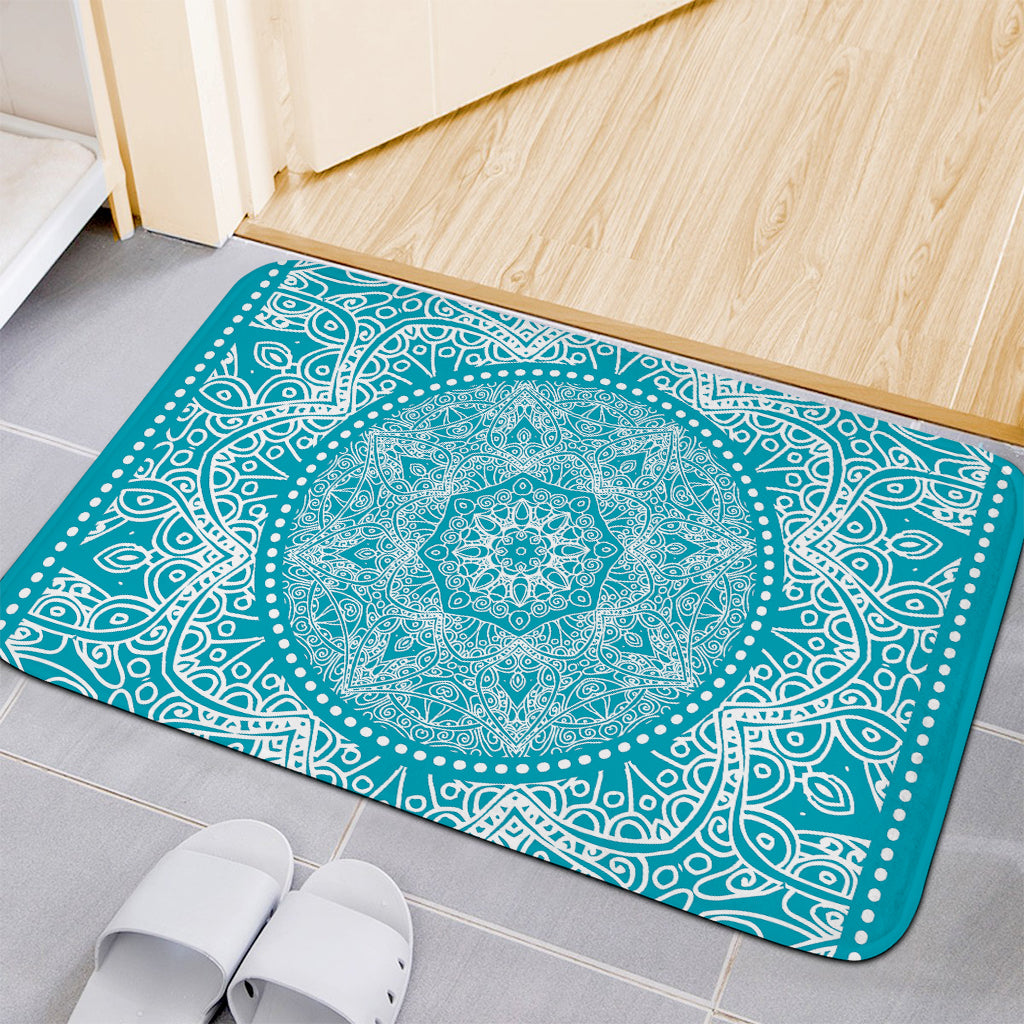 Teal And White Mandala Print Indoor Door Mat