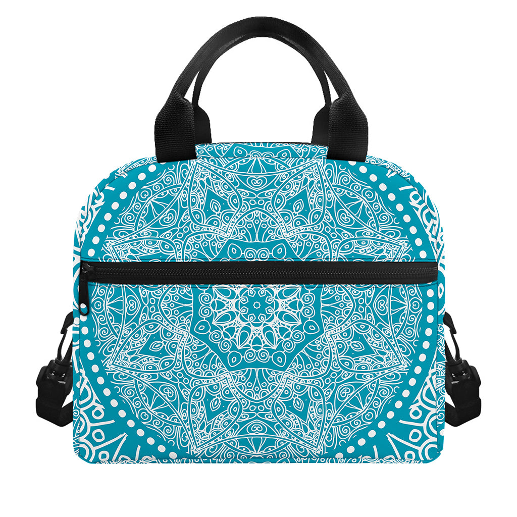 Teal And White Mandala Print Insulated Lunch Bag