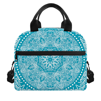 Teal And White Mandala Print Insulated Lunch Bag