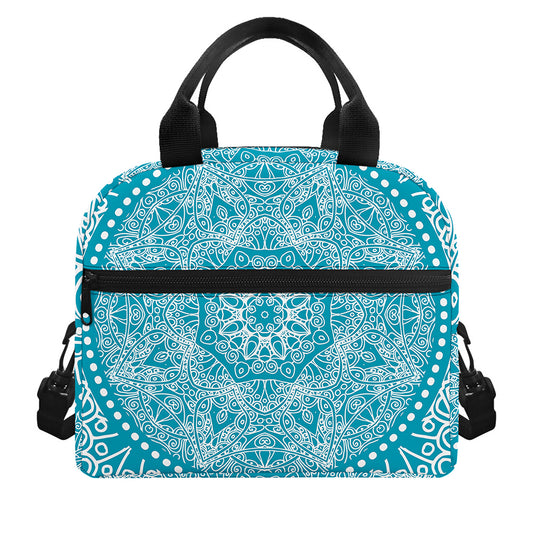 Teal And White Mandala Print Insulated Lunch Bag