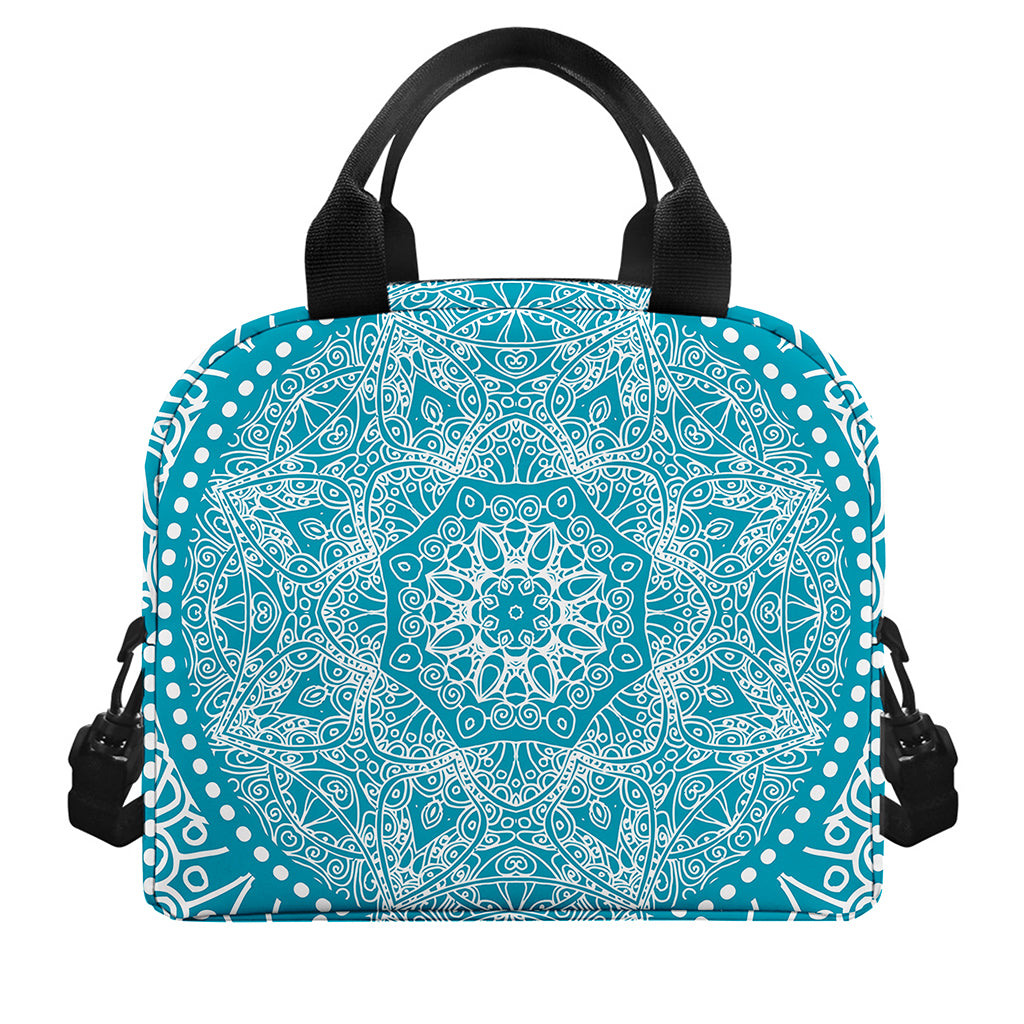 Teal And White Mandala Print Insulated Lunch Bag