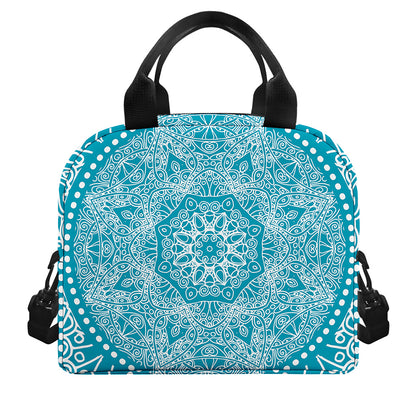 Teal And White Mandala Print Insulated Lunch Bag