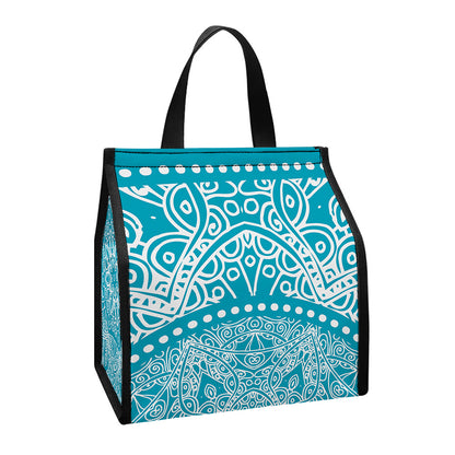 Teal And White Mandala Print Insulated Lunch Tote