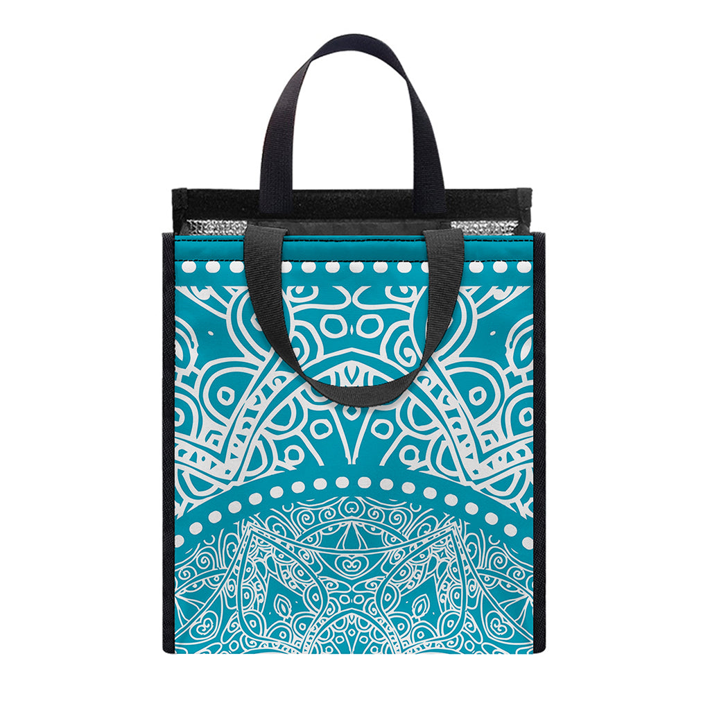 Teal And White Mandala Print Insulated Lunch Tote