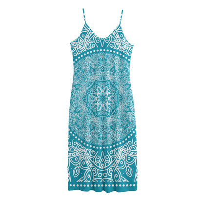 Teal And White Mandala Print Jersey Midi Cami Dress