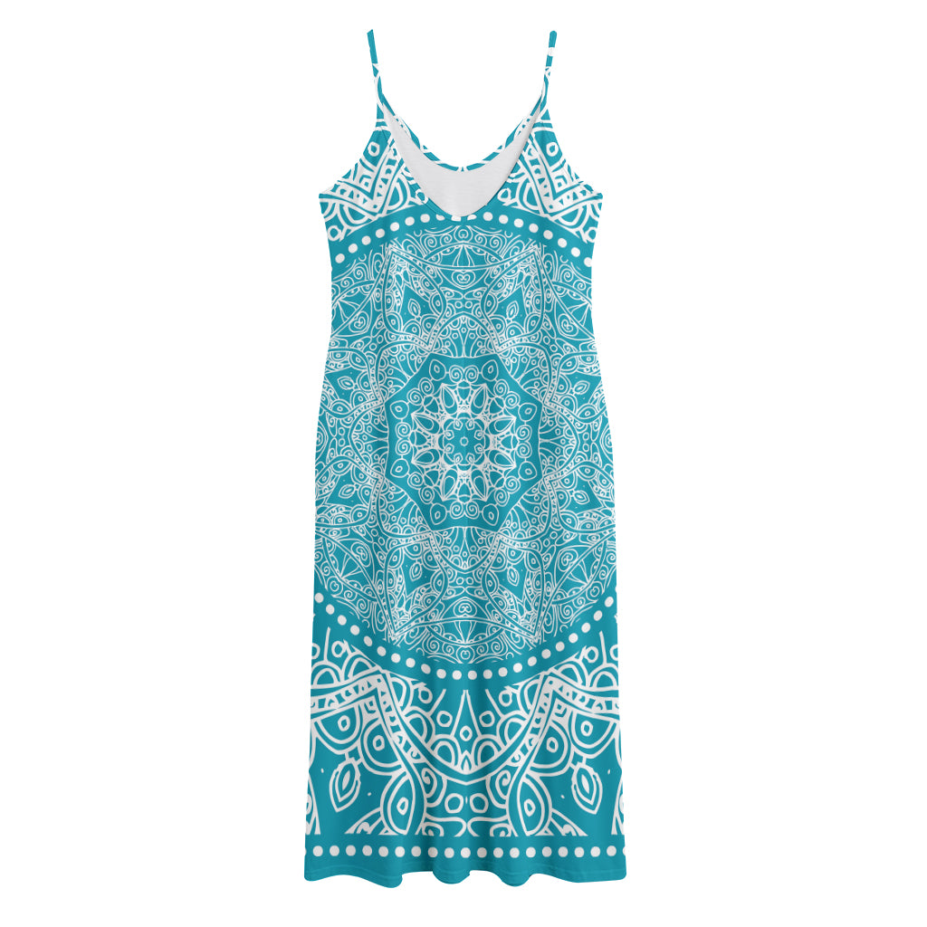 Teal And White Mandala Print Jersey Midi Cami Dress