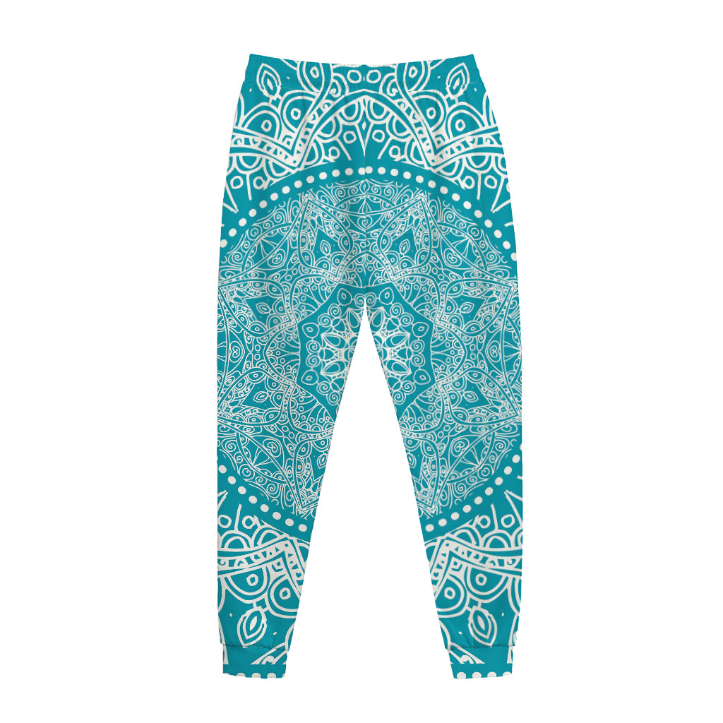 Teal And White Mandala Print Jogger Pants