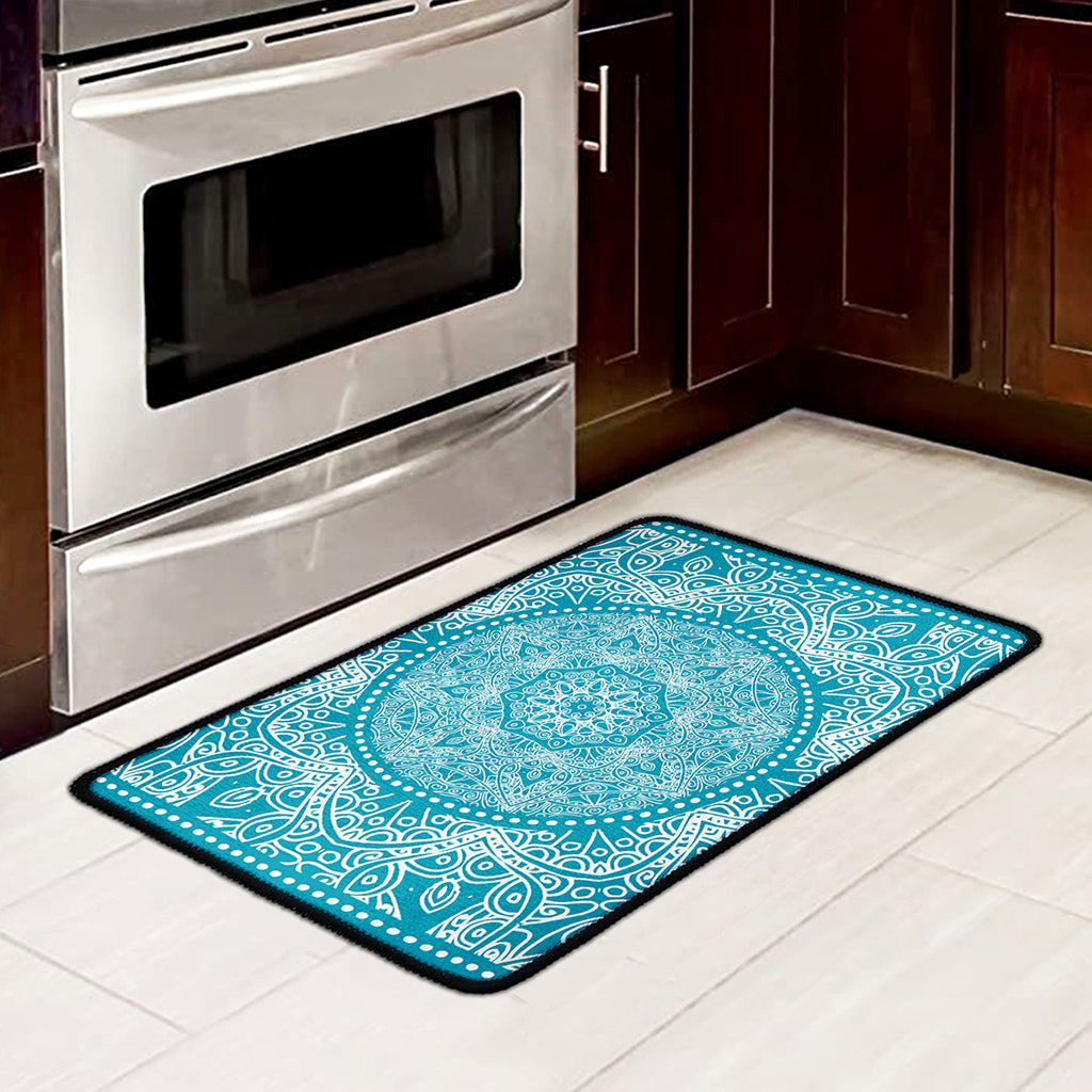 Teal And White Mandala Print Kitchen Mat