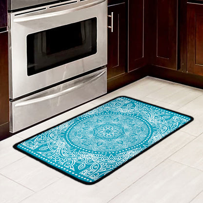 Teal And White Mandala Print Kitchen Mat