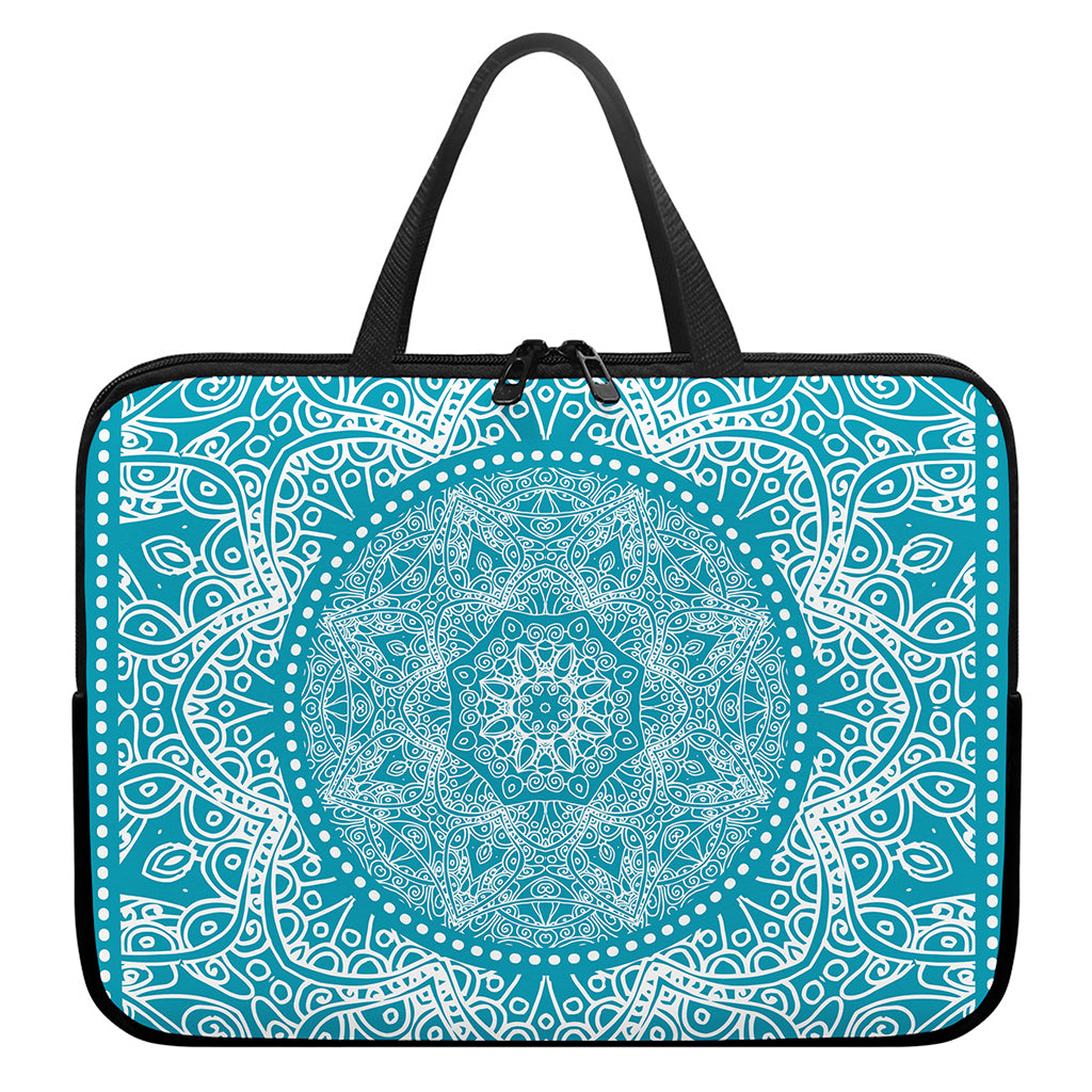 Teal And White Mandala Print Laptop Sleeve With Handle