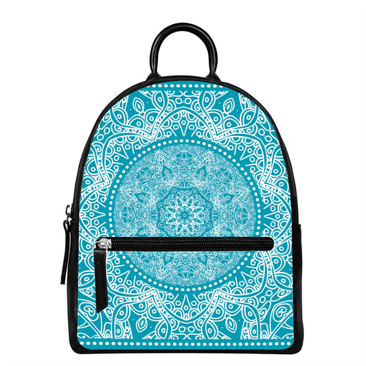 Teal And White Mandala Print Leather Backpack