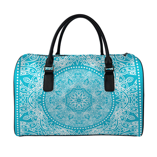 Teal And White Mandala Print Leather Duffle Bag
