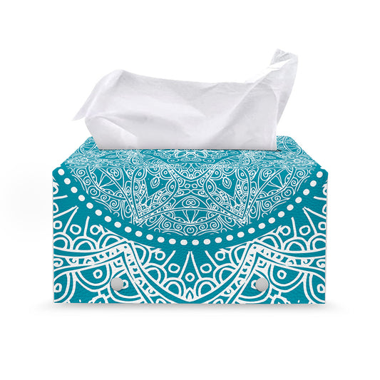 Teal And White Mandala Print Leather Tissue Box Cover