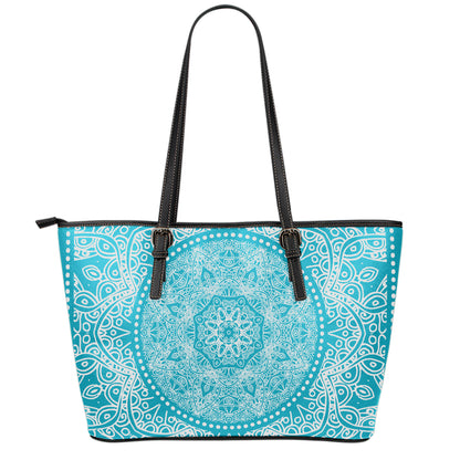 Teal And White Mandala Print Leather Tote Bag